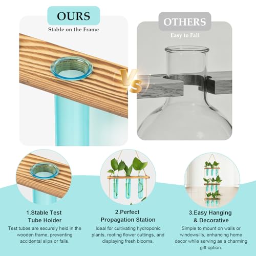XXXFLOWER Wall Hanging Propagation Station with Wooden Stand Blue | 9 Test Tubes Vases Terrarium Kit, Hanging Planters for Indoor Plants, Wall Decor for Living Room Office - size: Blue-9 Tube Vase
