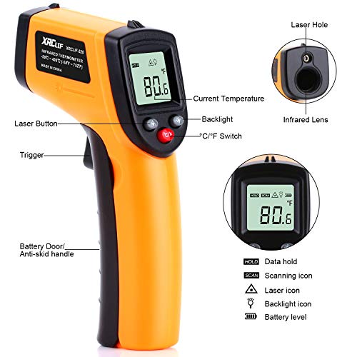 Digital Infrared Thermometer Tool Gun with Adjustable Emissivity Non-Contact Laser Temperature Gun with Max/Min Measure for Kitchen Cooking Industry Automobile -58°F ~ 752°F - color: Orange