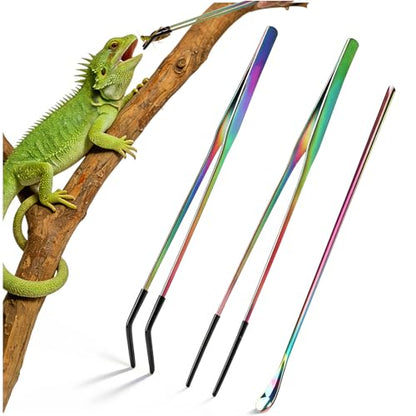OLIISS Stainless Steel Reptile Feeding Tongs and Spoon Set - 10.6" Straight & Curved Tweezers for Aquariums & Crafts - Feeder Tools for Bearded Dragons & Lizards - Terrarium Tank Supplies - size: 10.6"(with Spoon)
