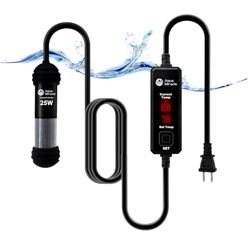 AquaMiracle Upgraded 25W Small Aquarium Heater Fish Tank Heater Turtle Heater Super Mini Aquarium Heater, Dry-Run/Overheating Protection and Memory Function, Dual LED Display, for 3-5 Gal Tanks - size: For 3-5 Gal Aquariums
