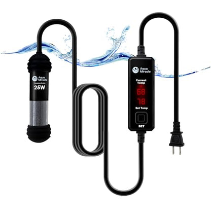 AquaMiracle Upgraded 25W Small Aquarium Heater Fish Tank Heater Turtle Heater Super Mini Aquarium Heater, Dry-Run/Overheating Protection and Memory Function, Dual LED Display, for 3-5 Gal Tanks - size: For 3-5 Gal Aquariums