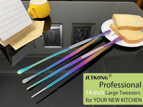 JETKONG 2 Pcs 14-Inch Culinary Tweezers Extra Long Food Tweezers Kitchen Tweezer Tongs for Cooking Grilling and BBQ (Rainbow) - color: Rainbow, size: 14+14 Inch