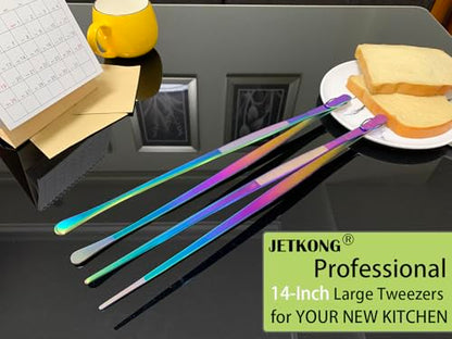 JETKONG 2 Pcs 14-Inch Culinary Tweezers Extra Long Food Tweezers Kitchen Tweezer Tongs for Cooking Grilling and BBQ (Rainbow) - color: Rainbow, size: 14+14 Inch