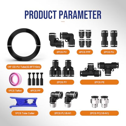 1/8 OD Inch Air Line Hose Tubing Kit Poly Airline Black | Polyurethane Compressed Pneumatic Compressor Repair Kit With Push To Connect Fittings - color: Black, size: 1/8" OD
