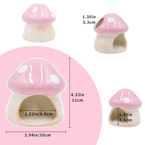 Ceramic Fish Tank Ornament & Hiding Cave, Aquarium Shelter Decor, Cute Mushroom House Style for Betta Fish, Goldfish, Shrimp, Hermit Crab and Reptiles (Pink)