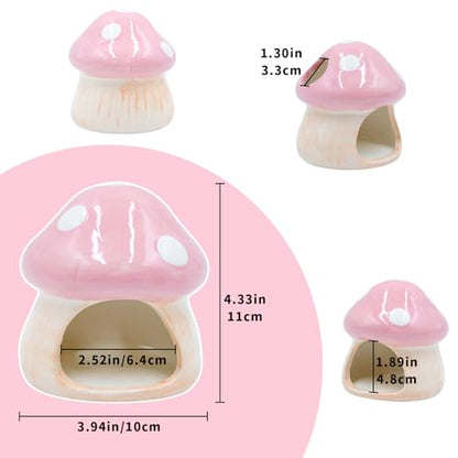 Ceramic Fish Tank Ornament & Hiding Cave, Aquarium Shelter Decor, Cute Mushroom House Style for Betta Fish, Goldfish, Shrimp, Hermit Crab and Reptiles (Pink)