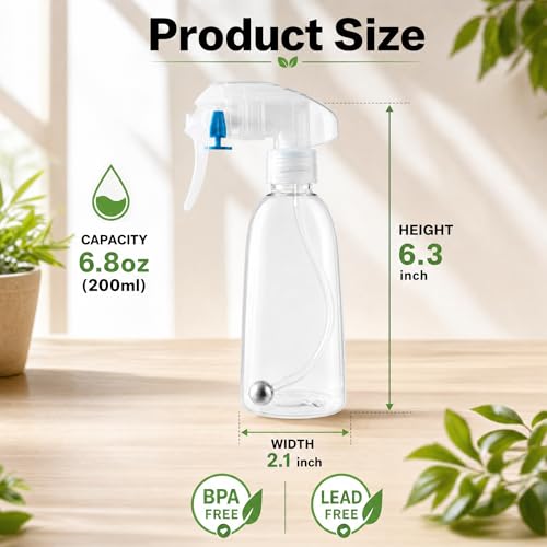 2 Pack 6.8 oz Small Plastic 360 Spray Bottles, Refillable Bottles for Hair, Cleaning, Plants and BBQ, Travel-Friendly Containers(Clear)