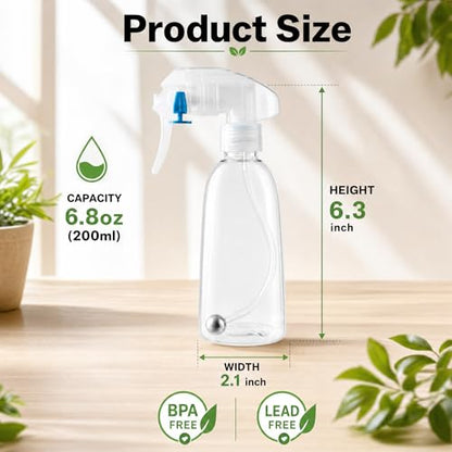 2 Pack 6.8 oz Small Plastic 360 Spray Bottles, Refillable Bottles for Hair, Cleaning, Plants and BBQ, Travel-Friendly Containers(Clear)