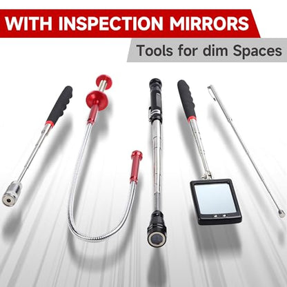 Telescoping Magnetic Pickup Tool Set | Inspection Mirrors and Four Claw Grabber Tool | Flexible LED Flashlight | Magnet Stick | Cool Gadgets for Men | Gifts for Husband