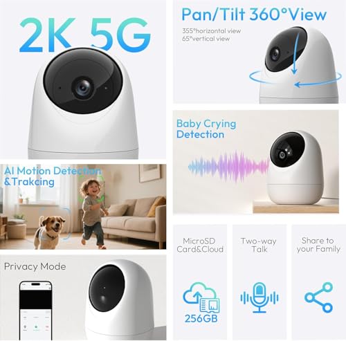 Rraycom 2Pack Indoor Security Camera 5G/2.4 GHz Wi-Fi, Baby & Pet Monitor | 360° PTZ, Motion Detection & Tracking,Human/Motion/Sound Detection,2-Way Talk, Night Vision, Works/Alexa,SD/Cloud - size: 2Pack
