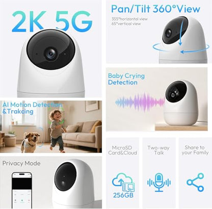 Rraycom 2Pack Indoor Security Camera 5G/2.4 GHz Wi-Fi, Baby & Pet Monitor | 360° PTZ, Motion Detection & Tracking,Human/Motion/Sound Detection,2-Way Talk, Night Vision, Works/Alexa,SD/Cloud - size: 2Pack
