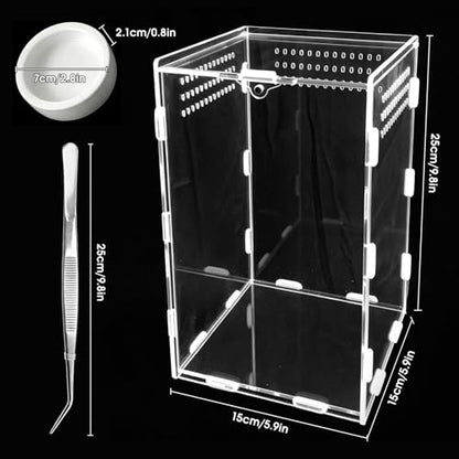 Jumping Spider Enclosure, Insect Terrarium, Bug Cage, Acrylic Terrarium for Tarantula, Snail, Praying Mantis, Frog, and Small Reptiles, Includes Tweezer and Bowl, (5.9" x 5.9" x 9.8") - size: 5.9" x 5.9" x 9.8"