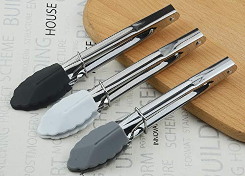 HINMAY 7-Inch Mini Tongs with Silicone Tips, Set of 3 (Black White Gray) | 7-Inch Small Serving Tongs - color: Black White Gray