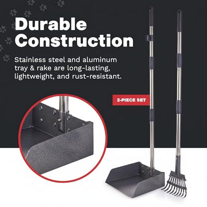 Metal Pooper Scooper for Dogs with Heavy Duty Long Handle Rake & XL Tray | Rustproof Aluminum Poop Scooper for Large Dogs, 36+" Handles and 9”W 9.5”L Extra Large Tray for Yard, Grass, Dirt & Gravel - color: 2 Piece Set - X Large- Silver