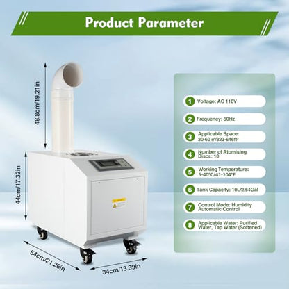 Ultrasonic Industrial Humidifier, 3kg/H Commercial Air Humidifier Sprayer Agricultural Automatic Mist Cooling Whole House Machine, 10L Large Volume for Warehouse Greenhouse Garden Industrial