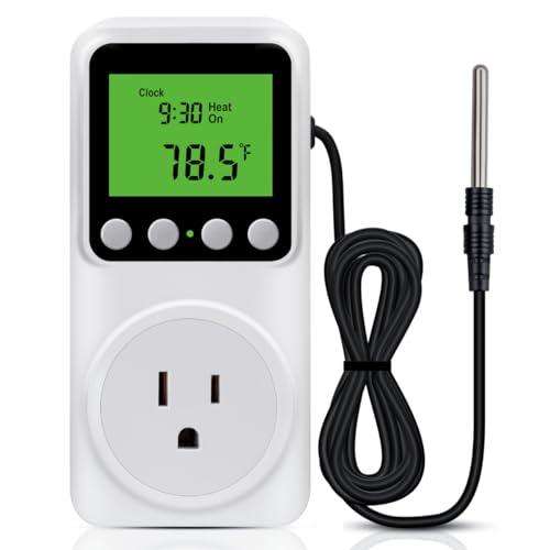 Timer Thermostat, Day-Night Temperature Controller, Clock Function, ℃/℉ Plug-in Outlet Timer Thermostat with LCD Screen Backlight Function 110V 15A