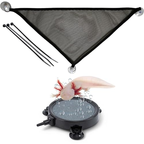 Axolotl Hammock for Aquarium with Bubble Diffuser for Fish Tank, Aerator Air Stone, Breathable Mesh Hammock and Suction Cups for Axolotl Tank Accessories (Black Bubbler, M)