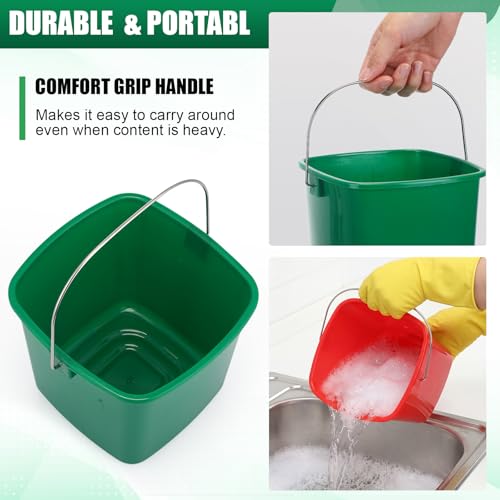 Zhehao 6 Pcs 3 Quart Bucket for Cleaning Small Sanitizer Bucket for Restaurant Square Plastic Pail with Handles for Home, Offices, Commercial Use, Food Service (Red,Green) - color: Red,green