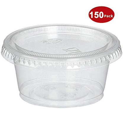 DuraHome Plastic Portion Cups with Lids 2 oz. Pack of 150 Leakproof Jello Shot Cup Mini Containers for Salad Dressing Sauce Condiment Snack Souffle and Salsa, Disposable - style: 150 Sets - 2oz.