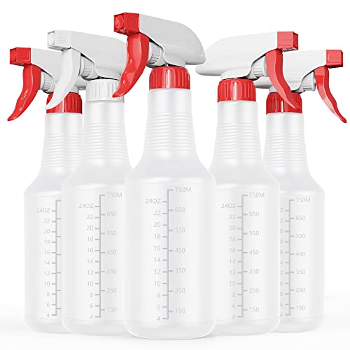 Veco Spray Bottle (5 Pack,32 Oz) with Measurements and Adjustable Nozzle(Mist & Stream Mode), HDPE Plastic Spray Bottles for Cleaning Solution, Household/Commercial/Industrial Use, No Leak and Clog - size: 32 oz 5Pack