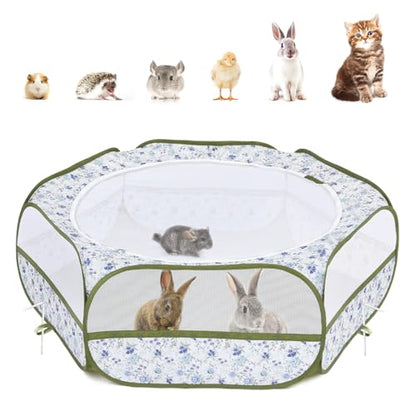Pawaboo Small Animal Playpen with Zippered Cover, Blue + White Flower | Portable pop-up pet tent for supervised rabbits, guinea pigs, chicks and kittens; water-resistant bottom and 3 metal rods - color: Blue + White Flower
