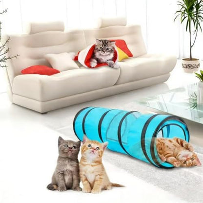 PAWISE Cat Tunnel for Indoor Cats, Collapsible Pet Tube with Peek Hole | Peek hole, tear-proof polyester, 10.5x34.5in, for cats rabbits, blue - size: 34.5in