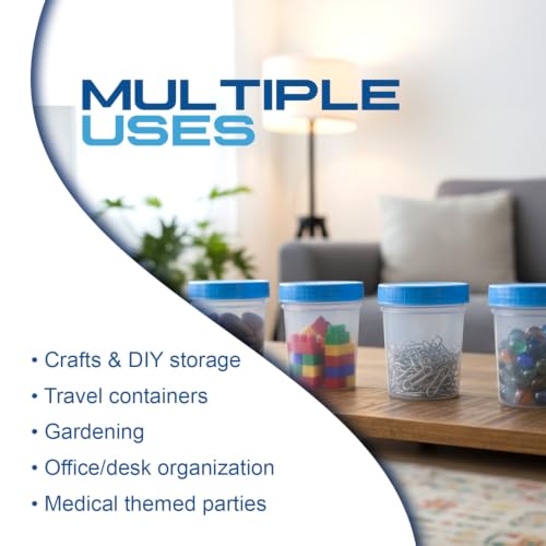 Dynarex Specimen Containers, 4 oz., Sterile, Bulk Packaged Specimen Cups with Clear Blue Lid, 1 Box of 100 (Packaging May Vary) | High-Density Polyethylene, Leak Resistant Design, Wide Mouth Opening, Screw Tight Blue Lid, For Urine Testing