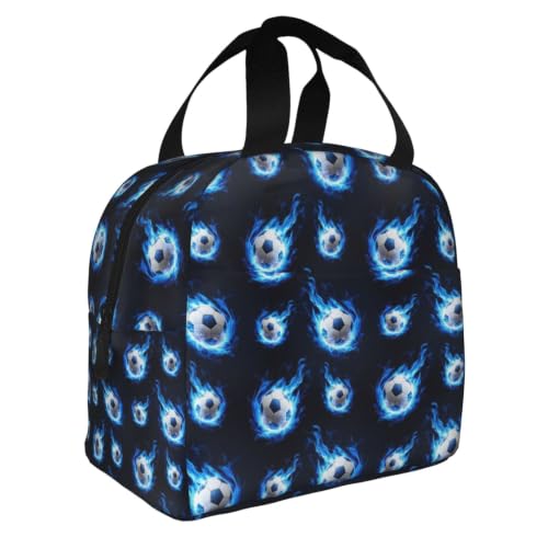 Women Flame Soccer Print Insulated Lunch Box Leakproof | Blue Flame Soccer Ball, Neoprene Thermal Cooler Bag, Padded Handle, Compact Tote for Commute & Travel - color: Pattern (850)