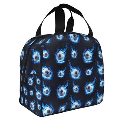 Women Flame Soccer Print Insulated Lunch Box Leakproof | Blue Flame Soccer Ball, Neoprene Thermal Cooler Bag, Padded Handle, Compact Tote for Commute & Travel - color: Pattern (850)
