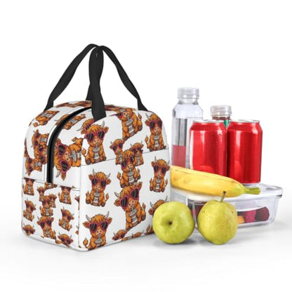 Unisex Funny Highland Print Insulated Lunch Box Durable | Cute Funny Highland Cow Heart Glasses, Oxford Foam Insulated Tote, Adjustable Strap for Travel, Gym & Hiking - color: Pattern (864)
