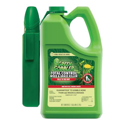 Green Gobbler Natural Total Control Weed & Grass Killer | Made with Concentrated Salt & Vinegar | Pet Safe | Kills to The Root | 1 Gallon with Battery Powered Spray Wand - size: 1 Gallon with Battery Sprayer