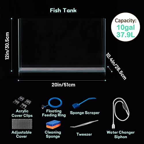 LAQUAL 10 Gallon Ultra Clear Glass Fish Tank, Rimless Low Iron Aquarium for Betta/Nano/Goldfish/Snail/Shrimp, Big Fish Tank & Cover Set & Feeding Ring & Cleaning Tools - color: 10 Gal