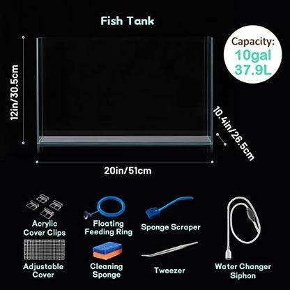 LAQUAL 10 Gallon Ultra Clear Glass Fish Tank, Rimless Low Iron Aquarium for Betta/Nano/Goldfish/Snail/Shrimp, Big Fish Tank & Cover Set & Feeding Ring & Cleaning Tools - color: 10 Gal