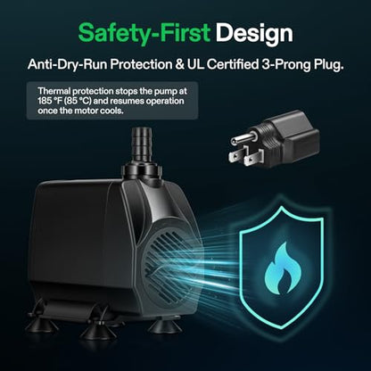 VIVOSUN 1050GPH Submersible Fountain Water Pump for Aquarium, Hydroponics | 4000L/H 100W Aquarium Pump, Quiet Pump With 13.1 ft Head Lift, 6.6 ft Power Cord, 3 Nozzles, Tubing, & 2 Clamps - size: 8"×6"-1050