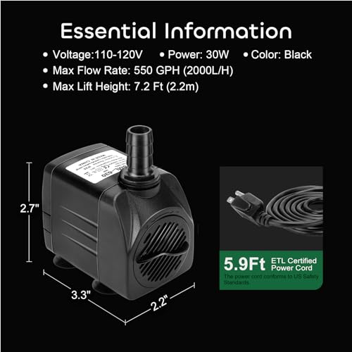 GROWNEER 2 Packs 550GPH Submersible Pump 30W Ultra Quiet Fountain Water Pump, 2000L/H, with 7.2ft High Lift, 3 Nozzles for Aquarium, Fish Tank, Pond, Hydroponics, Statuary - size: 550 GPH 2 Pack