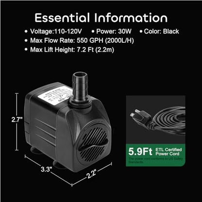 GROWNEER 2 Packs 550GPH Submersible Pump 30W Ultra Quiet Fountain Water Pump, 2000L/H, with 7.2ft High Lift, 3 Nozzles for Aquarium, Fish Tank, Pond, Hydroponics, Statuary - size: 550 GPH 2 Pack