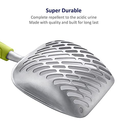 Cat Litter Scoop, Aluminum Alloy Sifter, Kitty Metal Scooper, Deep Shovel with Diagonal Sifting Hole, Long Handle, Kitten Poop Lifter for Litter Box, Large Size, Green Handle - color: #03 Green, size: Large