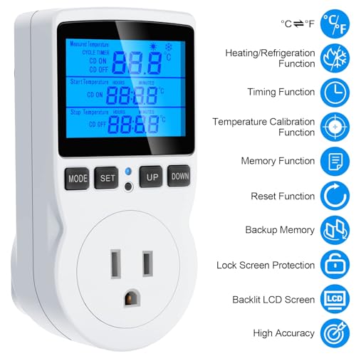 Digital Temperature Controller Thermostat Timer - Reptile Thermostat Controller Day Night Timer 1800W 120V 15A Temperature Controlled Outlet Plug Heating Cooling Control with Sensor （TC816） - style: TC816