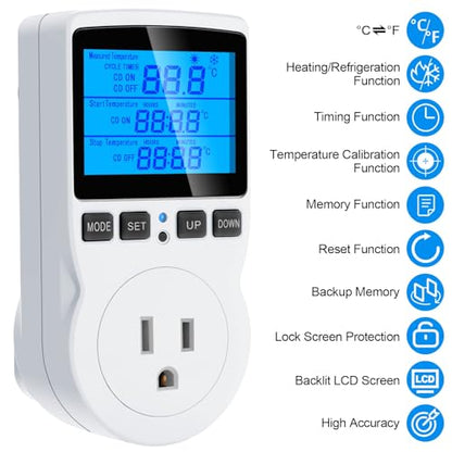 Digital Temperature Controller Thermostat Timer - Reptile Thermostat Controller Day Night Timer 1800W 120V 15A Temperature Controlled Outlet Plug Heating Cooling Control with Sensor （TC816） - style: TC816