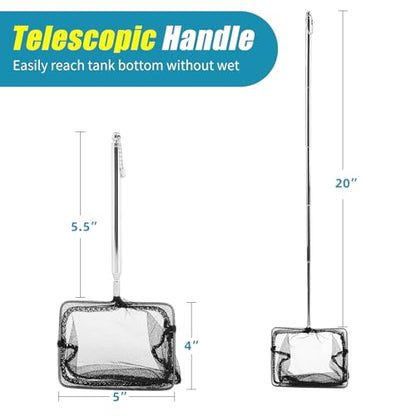 AQUANEAT Aquarium Net with Extendable Long Handle, Adjustable Wastes Skimming Cleaning Tools for Fish Tanks - size: 5 Inch