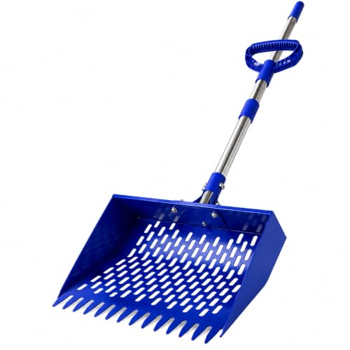 Chicken Poop Scooper with 74" Adjustable Handle – Heavy Duty Metal Chicken Coop Cleaner, 10.2" Wide Sifting Scoop with Built-in Rake & Hook for Sand, Pine Shavings & Manure