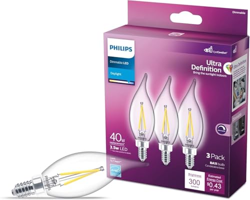 PHILIPS LED 40W BA11 E12 Base 3-Pack Ultra Definition Daylight (5000K) 300 Lumen (3.5W = 40W) Dimmable Clear Flicker-Free Candelabra Light Bulbs - color: Daylight (5000k)