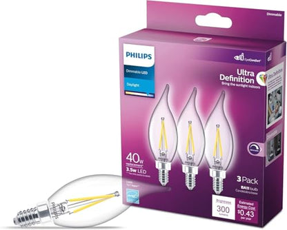 PHILIPS LED 40W BA11 E12 Base 3-Pack Ultra Definition Daylight (5000K) 300 Lumen (3.5W = 40W) Dimmable Clear Flicker-Free Candelabra Light Bulbs - color: Daylight (5000k)