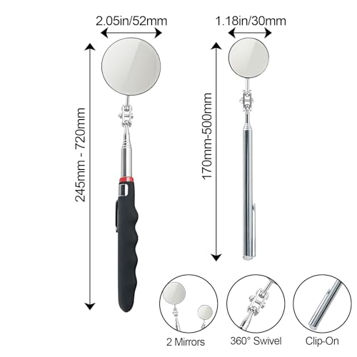 Telescoping Inspection Mirror with Rotating Head,Extendable Mechanic Mirror with Long Handle and Clip-On Design for Mechanics, Dentists, Auto, Boat (2.05in Round & 1.18in Round) - style: 2 PCS (Round)