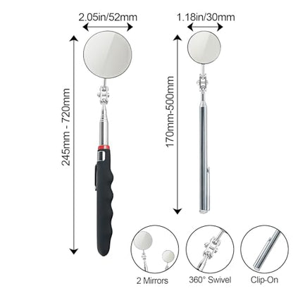 Telescoping Inspection Mirror with Rotating Head,Extendable Mechanic Mirror with Long Handle and Clip-On Design for Mechanics, Dentists, Auto, Boat (2.05in Round & 1.18in Round) - style: 2 PCS (Round)