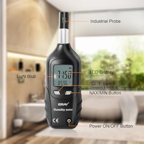 ERAY Digital Psychrometer Thermometer Hygrometer with Backlight | Temperature and Humidity Reader Meter Thermo-Hygrometer with Dew Point and Wet Bulb Temperature, 9V Battery Included(Black) - color: Black