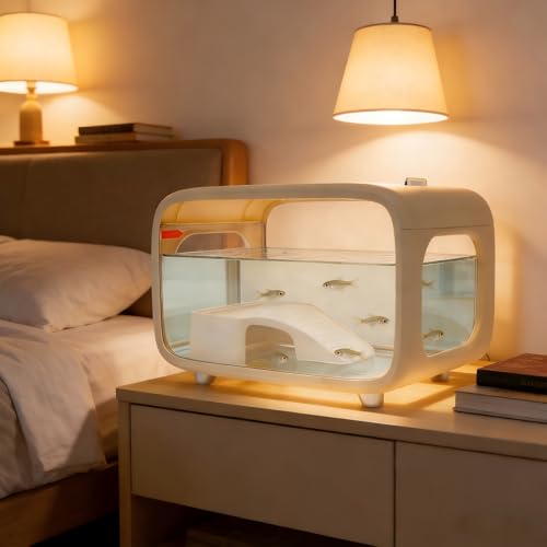 Desktop Fish Tank, 3.2Gal Small Betta Fish & Turtle Tanks, Aquarium Bowl with Detachable Basking Platform, Multi-Functional Areas Aquascape Tanks for Fish Terrapin Frog Shrimp Crab (White) - color: White