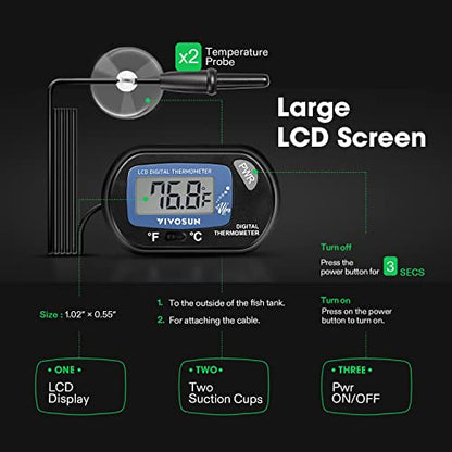 VIVOSUN 2-Pack LCD Digital Aquarium Thermometer | Fish Tank Water Terrarium Temperature with Suction Cup for Turtle - size: 2 packs