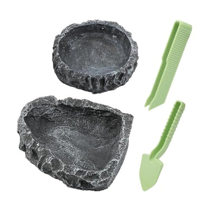 Reptile Water Dish Food Bowl for Bearded Dragon Tank Accessories, 2 Pack Reptile Feeding Dish Corner Bowl with Tweezers and Cleaning Shovel for Lizard Gecko Tortoise Hermit Crab (Black Grey)