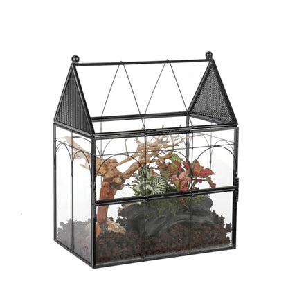 NCYP Glass Enclosure with Vent Holes for Jumping Spiders, Praying Mantis, Small Insect - 7.5" x 4.9" x 9" Front Opening Door Vented Glass Terrarium - House Shape, Home Decor, Black (Terrarium Only) - size: 7.5" x 4.9" x 9"